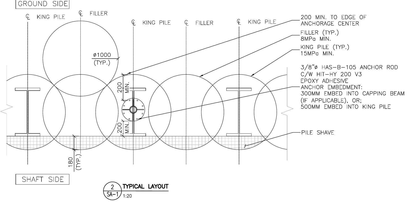 Plan from SA-1, base centred on a king pile with 200 mm minimum edge distance